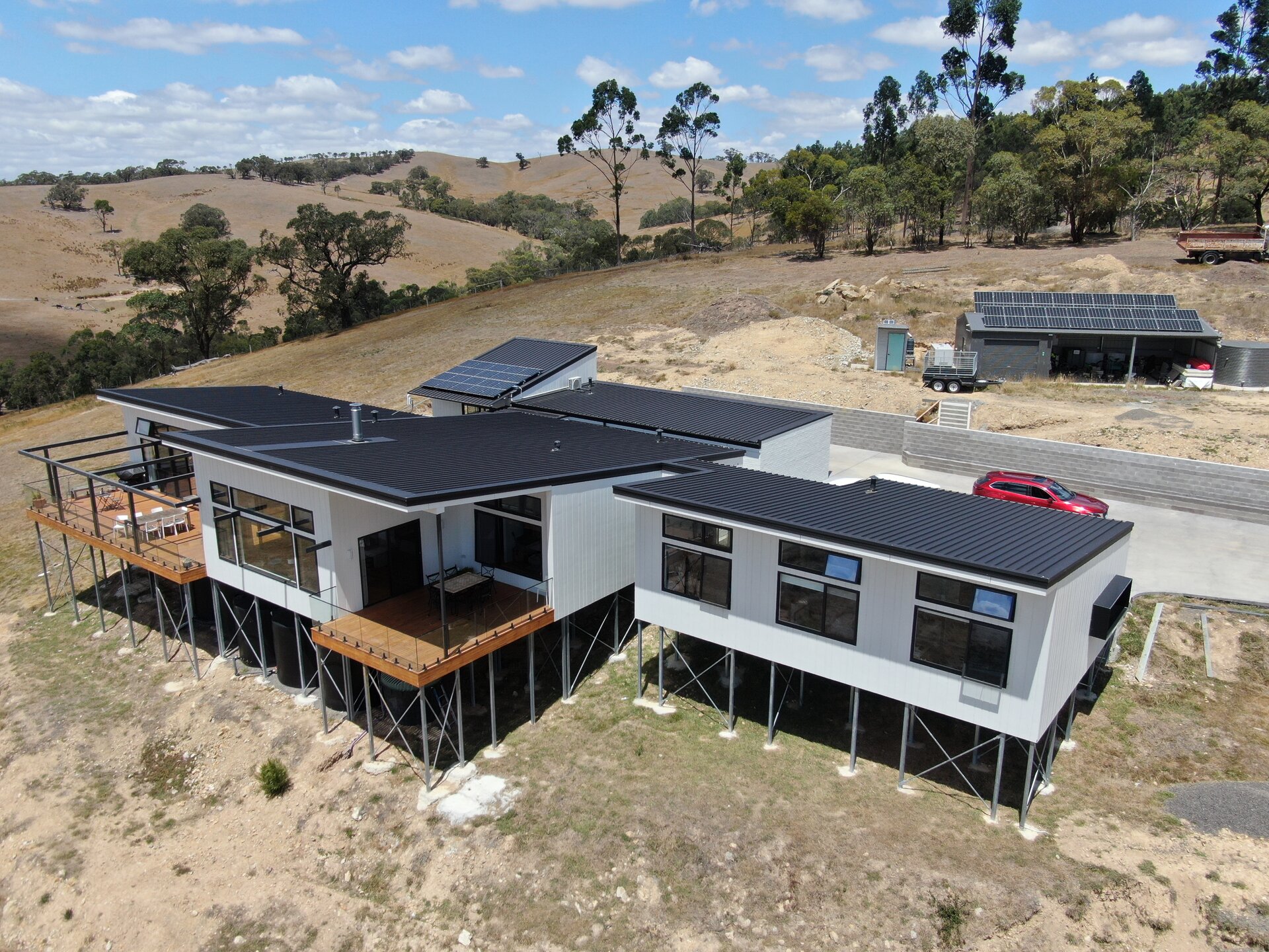 The Kilmore House: aerial view of the completed off grid home at Kilmore